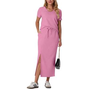 imageGRECERELLE Women Summer Casual 2 Piece Sets VNeck WrinkleFree Top amp Elastic Waist Midi Side Slit Skirt with PocketsRose Red
