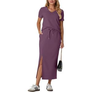 imageGRECERELLE Women Summer Casual 2 Piece Sets VNeck WrinkleFree Top amp Elastic Waist Midi Side Slit Skirt with PocketsRosewood