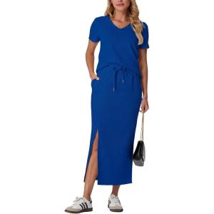 imageGRECERELLE Women Summer Casual 2 Piece Sets VNeck WrinkleFree Top amp Elastic Waist Midi Side Slit Skirt with PocketsRoyal Blue