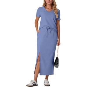 imageGRECERELLE Women Summer Casual 2 Piece Sets VNeck WrinkleFree Top amp Elastic Waist Midi Side Slit Skirt with PocketsSky Blue