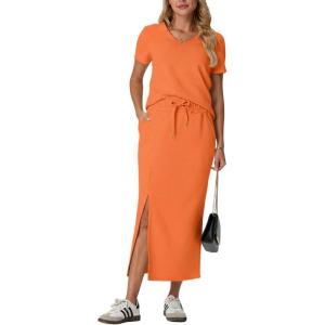 imageGRECERELLE Women Summer Casual 2 Piece Sets VNeck WrinkleFree Top amp Elastic Waist Midi Side Slit Skirt with PocketsVibrant Orange