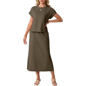 imageGRECERELLE Women Summer Casual WrinkleFree 2 Piece Sets Round Neck Top amp Elastic Waist Maxi Side Slit Skirt with PocketsArmy Green