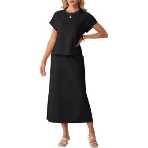 imageGRECERELLE Women Summer Casual WrinkleFree 2 Piece Sets Round Neck Top amp Elastic Waist Maxi Side Slit Skirt with PocketsBlack