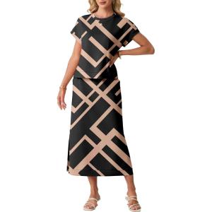 imageGRECERELLE Women Summer Casual WrinkleFree 2 Piece Sets Round Neck Top amp Elastic Waist Maxi Side Slit Skirt with PocketsBlack Rectangle