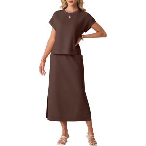 imageGRECERELLE Women Summer Casual WrinkleFree 2 Piece Sets Round Neck Top amp Elastic Waist Maxi Side Slit Skirt with PocketsDark Coffee