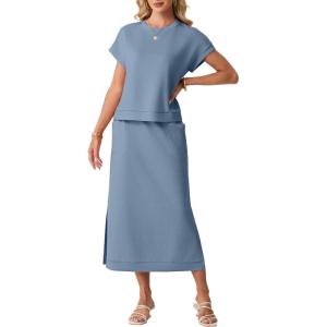imageGRECERELLE Women Summer Casual WrinkleFree 2 Piece Sets Round Neck Top amp Elastic Waist Maxi Side Slit Skirt with PocketsDenim Blue