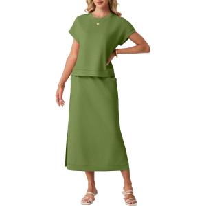 imageGRECERELLE Women Summer Casual WrinkleFree 2 Piece Sets Round Neck Top amp Elastic Waist Maxi Side Slit Skirt with PocketsDill Green