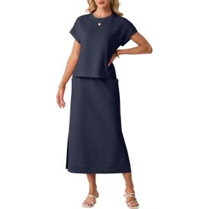 imageGRECERELLE Women Summer Casual WrinkleFree 2 Piece Sets Round Neck Top amp Elastic Waist Maxi Side Slit Skirt with PocketsNavy Blue