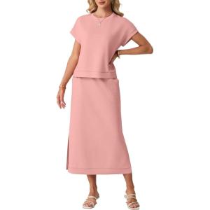 imageGRECERELLE Women Summer Casual WrinkleFree 2 Piece Sets Round Neck Top amp Elastic Waist Maxi Side Slit Skirt with PocketsPink
