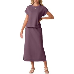 imageGRECERELLE Women Summer Casual WrinkleFree 2 Piece Sets Round Neck Top amp Elastic Waist Maxi Side Slit Skirt with PocketsRosewood