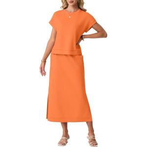 imageGRECERELLE Women Summer Casual WrinkleFree 2 Piece Sets Round Neck Top amp Elastic Waist Maxi Side Slit Skirt with PocketsVibrant Orange