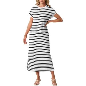 imageGRECERELLE Women Summer Casual WrinkleFree 2 Piece Sets Round Neck Top amp Elastic Waist Maxi Side Slit Skirt with PocketsWhite Black Stripe