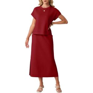 imageGRECERELLE Women Summer Casual WrinkleFree 2 Piece Sets Round Neck Top amp Elastic Waist Maxi Side Slit Skirt with PocketsWine Red