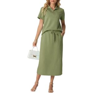 imageGRECERELLE Womens 2 Piece Casual Summer Set Half Zip Short Sleeve Top amp Back Slit Maxi Skirt with Pockets For VacationAvocado Green
