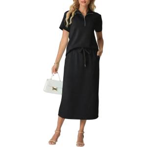 imageGRECERELLE Womens 2 Piece Casual Summer Set Half Zip Short Sleeve Top amp Back Slit Maxi Skirt with Pockets For VacationBlack