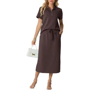 imageGRECERELLE Womens 2 Piece Casual Summer Set Half Zip Short Sleeve Top amp Back Slit Maxi Skirt with Pockets For VacationDark Coffee