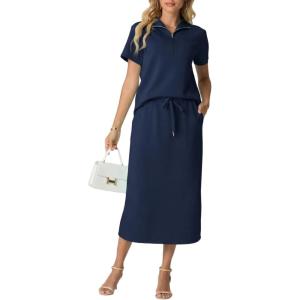 imageGRECERELLE Womens 2 Piece Casual Summer Set Half Zip Short Sleeve Top amp Back Slit Maxi Skirt with Pockets For VacationNavy Blue