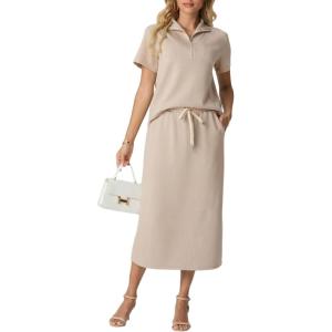 imageGRECERELLE Womens 2 Piece Casual Summer Set Half Zip Short Sleeve Top amp Back Slit Maxi Skirt with Pockets For VacationOatmeal