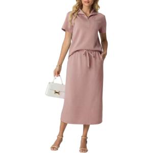 imageGRECERELLE Womens 2 Piece Casual Summer Set Half Zip Short Sleeve Top amp Back Slit Maxi Skirt with Pockets For VacationRose Pink