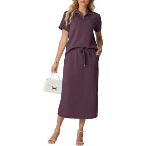 imageGRECERELLE Womens 2 Piece Casual Summer Set Half Zip Short Sleeve Top amp Back Slit Maxi Skirt with Pockets For VacationRosewood