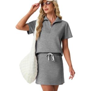 imageGRECERELLE Womens Summer 2 Piece Skort Set Half Zip Short Sleeve Top amp Pocketed Tennis Skirt For Sports amp VacationsCharcoal Grey
