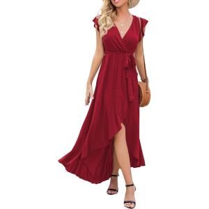 imageGRECERELLE 2026 Womens Spring Summer Boho Floral Print VNeck Faux Wrap Maxi Dress for Wedding Guest Graduation Party08 Wine Red