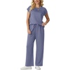 image:imageGRECERELLE Two Piece Set for Women Summer Cap Sleeve Tops Wide Leg Pants Lounge Sets Vacation Travel Outfits with PocketHaze Blue