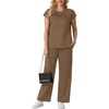 image:imageGRECERELLE Two Piece Set for Women Summer Cap Sleeve Tops Wide Leg Pants Lounge Sets Vacation Travel Outfits with PocketLight Coffee