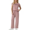 image:imageGRECERELLE Two Piece Set for Women Summer Cap Sleeve Tops Wide Leg Pants Lounge Sets Vacation Travel Outfits with PocketRose Pink