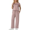 image:imageGRECERELLE Two Piece Set for Women Summer Cap Sleeve Tops Wide Leg Pants Lounge Sets Vacation Travel Outfits with PocketRose Pink