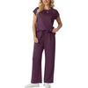 image:imageGRECERELLE Two Piece Set for Women Summer Cap Sleeve Tops Wide Leg Pants Lounge Sets Vacation Travel Outfits with PocketRosewood