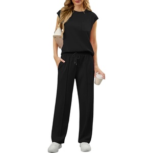 image:imageGRECERELLE 2 Piece Sets For Women Summer 2026 Outfits Lounge Sets Sleeveless Sweatsuits Wide Leg Tracksuits With PocketsBlack