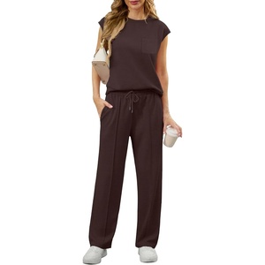 image:imageGRECERELLE 2 Piece Sets For Women Summer 2026 Outfits Lounge Sets Sleeveless Sweatsuits Wide Leg Tracksuits With PocketsDark Coffee