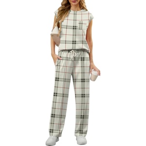 image:imageGRECERELLE 2 Piece Sets For Women Summer 2026 Outfits Lounge Sets Sleeveless Sweatsuits Wide Leg Tracksuits With PocketsFpbeige Red Plaid