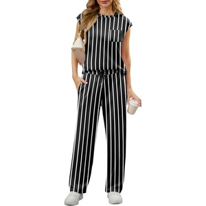 image:imageGRECERELLE 2 Piece Sets For Women Summer 2026 Outfits Lounge Sets Sleeveless Sweatsuits Wide Leg Tracksuits With PocketsFpblack White Stripe