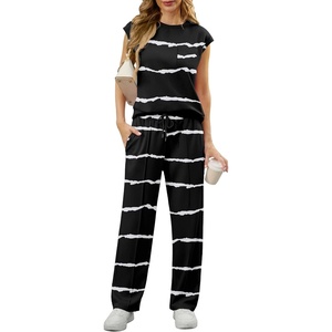 image:imageGRECERELLE 2 Piece Sets For Women Summer 2026 Outfits Lounge Sets Sleeveless Sweatsuits Wide Leg Tracksuits With PocketsFpblack White Wave