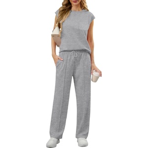 image:imageGRECERELLE 2 Piece Sets For Women Summer 2026 Outfits Lounge Sets Sleeveless Sweatsuits Wide Leg Tracksuits With PocketsGrey