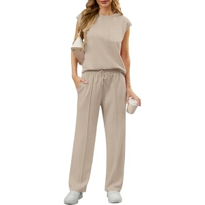 image:imageGRECERELLE 2 Piece Sets For Women Summer 2026 Outfits Lounge Sets Sleeveless Sweatsuits Wide Leg Tracksuits With PocketsLight Tan