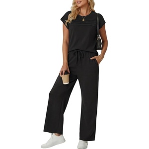 image:imageGRECERELLE Two Piece Set for Women Summer Cap Sleeve Tops Wide Leg Pants Lounge Sets Vacation Travel Outfits with PocketAblack