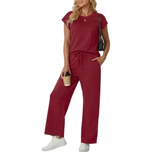 image:imageGRECERELLE Two Piece Set for Women Summer Cap Sleeve Tops Wide Leg Pants Lounge Sets Vacation Travel Outfits with PocketBurgundy