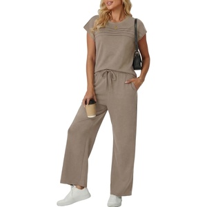 image:imageGRECERELLE Two Piece Set for Women Summer Cap Sleeve Tops Wide Leg Pants Lounge Sets Vacation Travel Outfits with PocketCoffee Gray