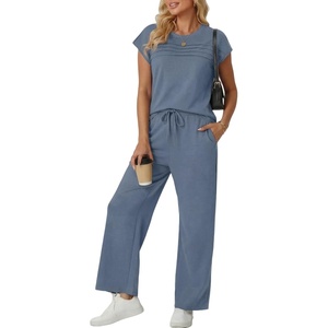 image:imageGRECERELLE Two Piece Set for Women Summer Cap Sleeve Tops Wide Leg Pants Lounge Sets Vacation Travel Outfits with PocketHaze Blue