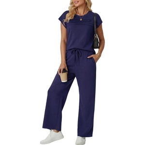image:imageGRECERELLE Two Piece Set for Women Summer Cap Sleeve Tops Wide Leg Pants Lounge Sets Vacation Travel Outfits with PocketNavy Blue