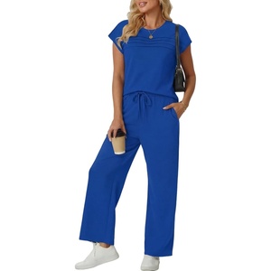 image:imageGRECERELLE Two Piece Set for Women Summer Cap Sleeve Tops Wide Leg Pants Lounge Sets Vacation Travel Outfits with PocketRoyal Blue