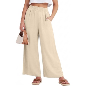 image:imageGRECERELLE Women Elastic High Waisted Wide Leg Pants Woman Casual Palazzo TrousersApricot