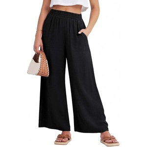 image:imageGRECERELLE Women Elastic High Waisted Wide Leg Pants Woman Casual Palazzo TrousersBlack