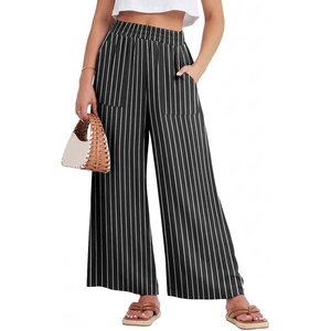 image:imageGRECERELLE Women Elastic High Waisted Wide Leg Pants Woman Casual Palazzo TrousersBlack Stripe