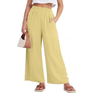image:imageGRECERELLE Women Elastic High Waisted Wide Leg Pants Woman Casual Palazzo TrousersButter Yellow