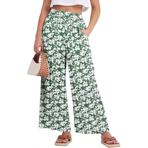 image:imageGRECERELLE Women Elastic High Waisted Wide Leg Pants Woman Casual Palazzo TrousersGreen White Flower