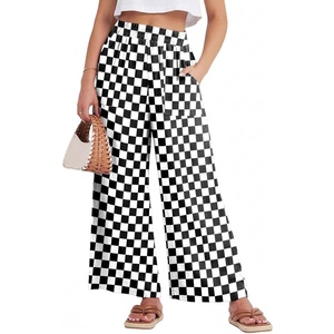 image:imageGRECERELLE Women Elastic High Waisted Wide Leg Pants Woman Casual Palazzo TrousersMiddle Black White Plaid